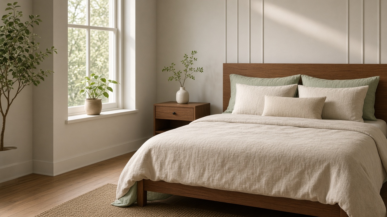 Calm Indiana room with soft morning light and linen bedding